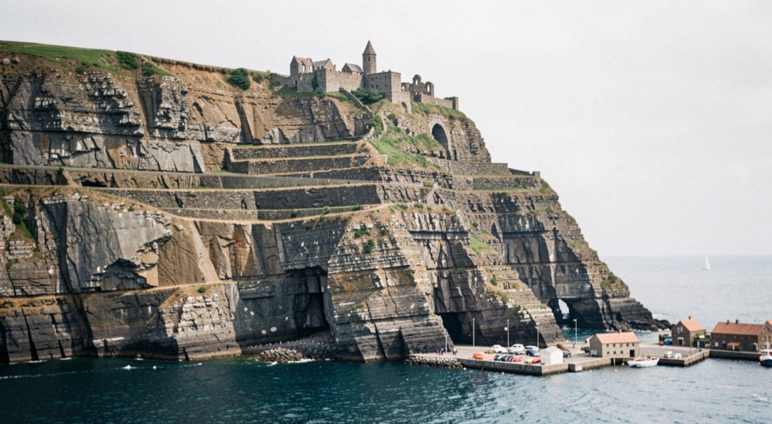 A shale cliff with worked terraces, abbey ruins on the headland and harbour roofs under flat light