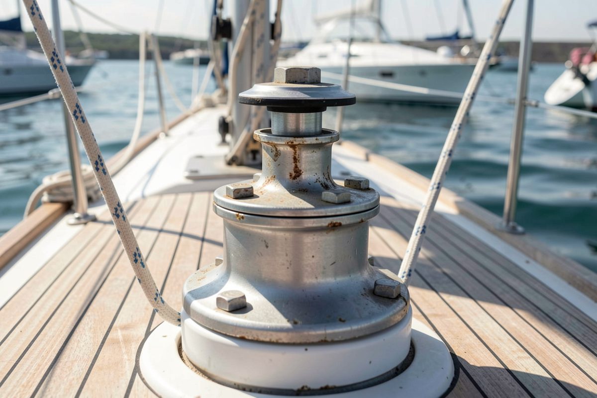 A stainless shackle and turnbuckle beside a winch base on a salt-worn deck