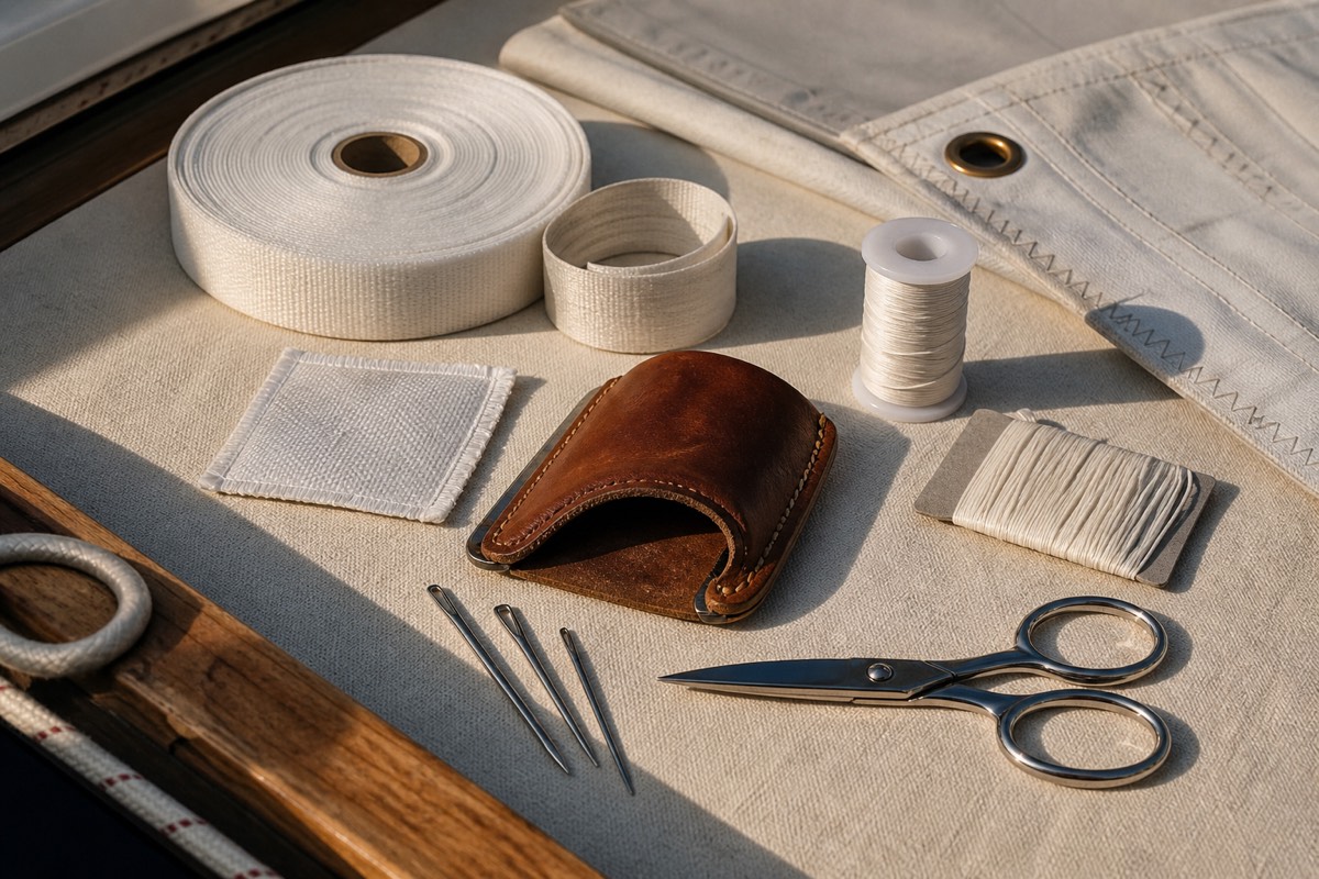 A compact sail repair kit with Dacron tape, palm, needles and thread
