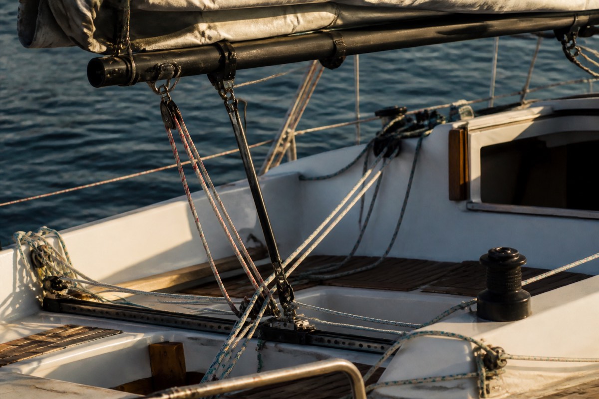 Mainsheet, vang and outhaul controls leading from a boom to the cockpit