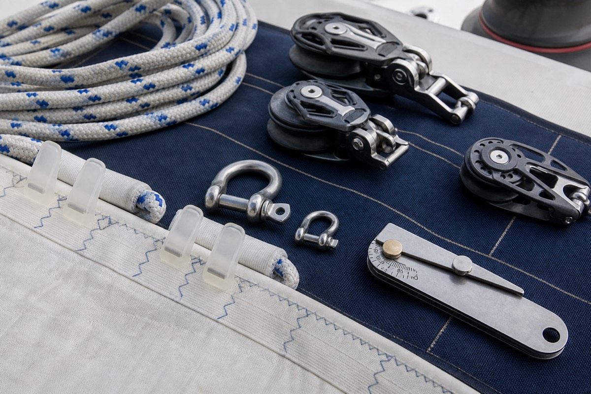 Deck hardware, blocks and reefing lines laid out on a marine work mat