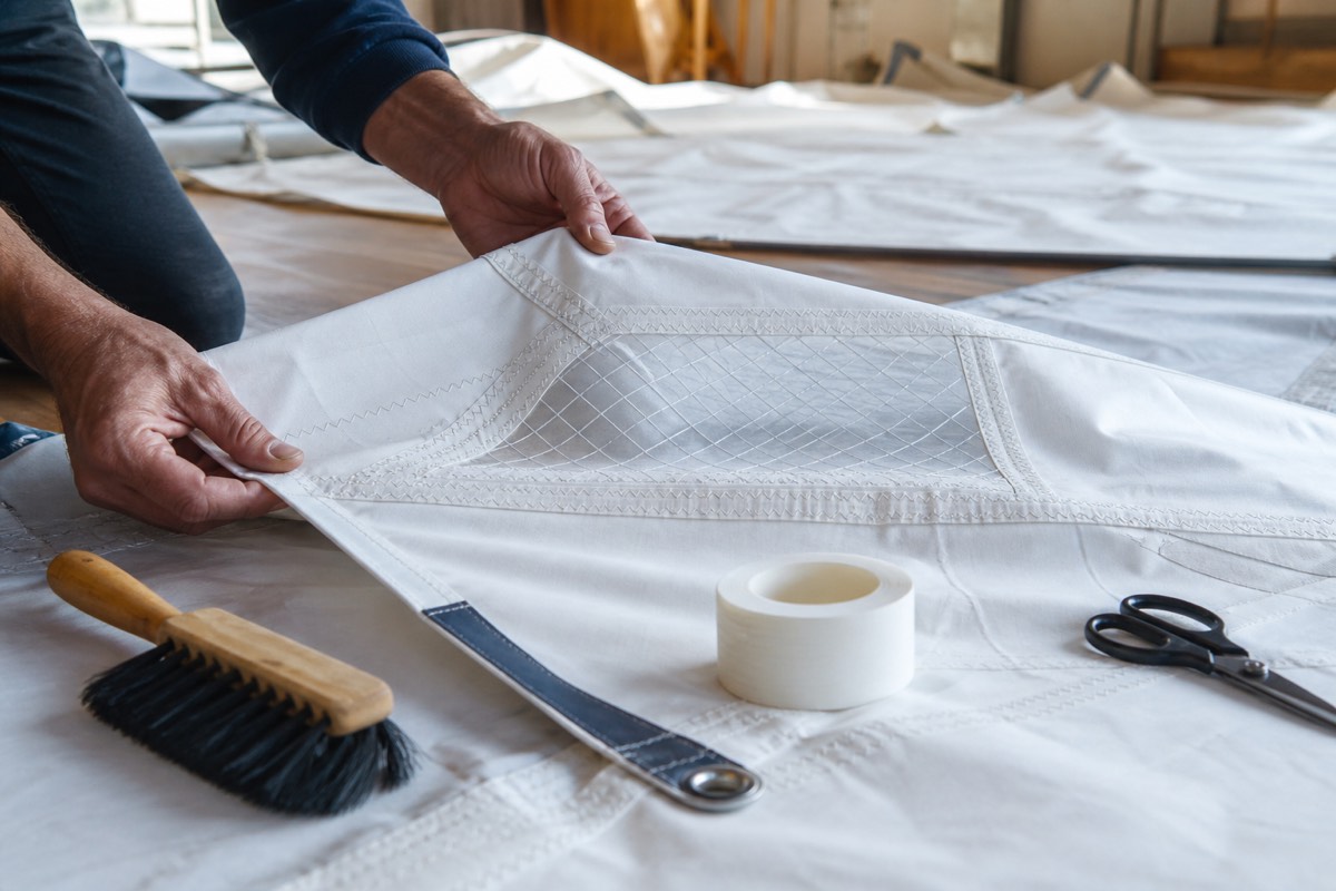 A sail inspection scene with clean cloth, tape, scissors and a soft brush