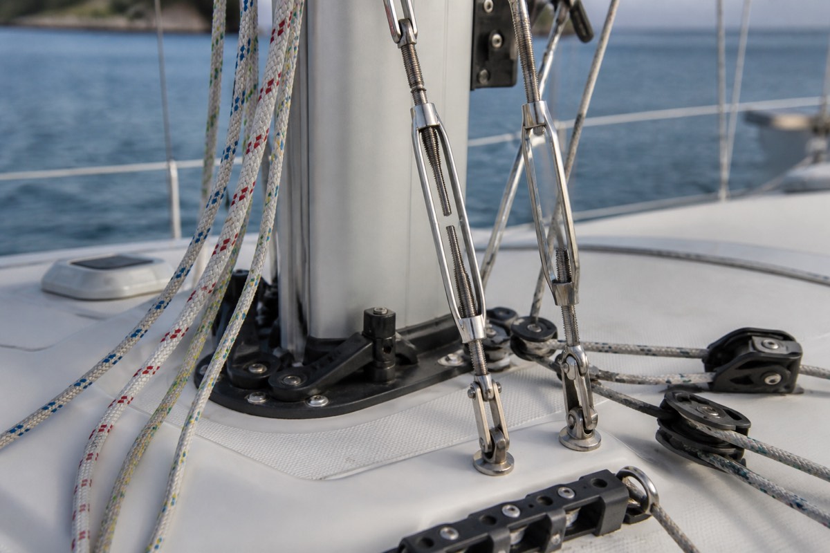 Stainless turnbuckles and control lines arranged beside a mast base