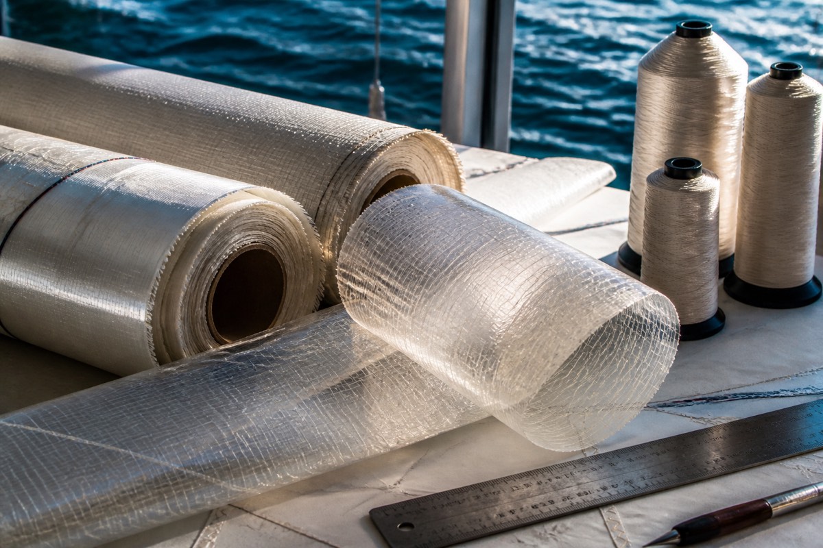 Woven sailcloth rolls and a sample of reinforced laminate on a workbench