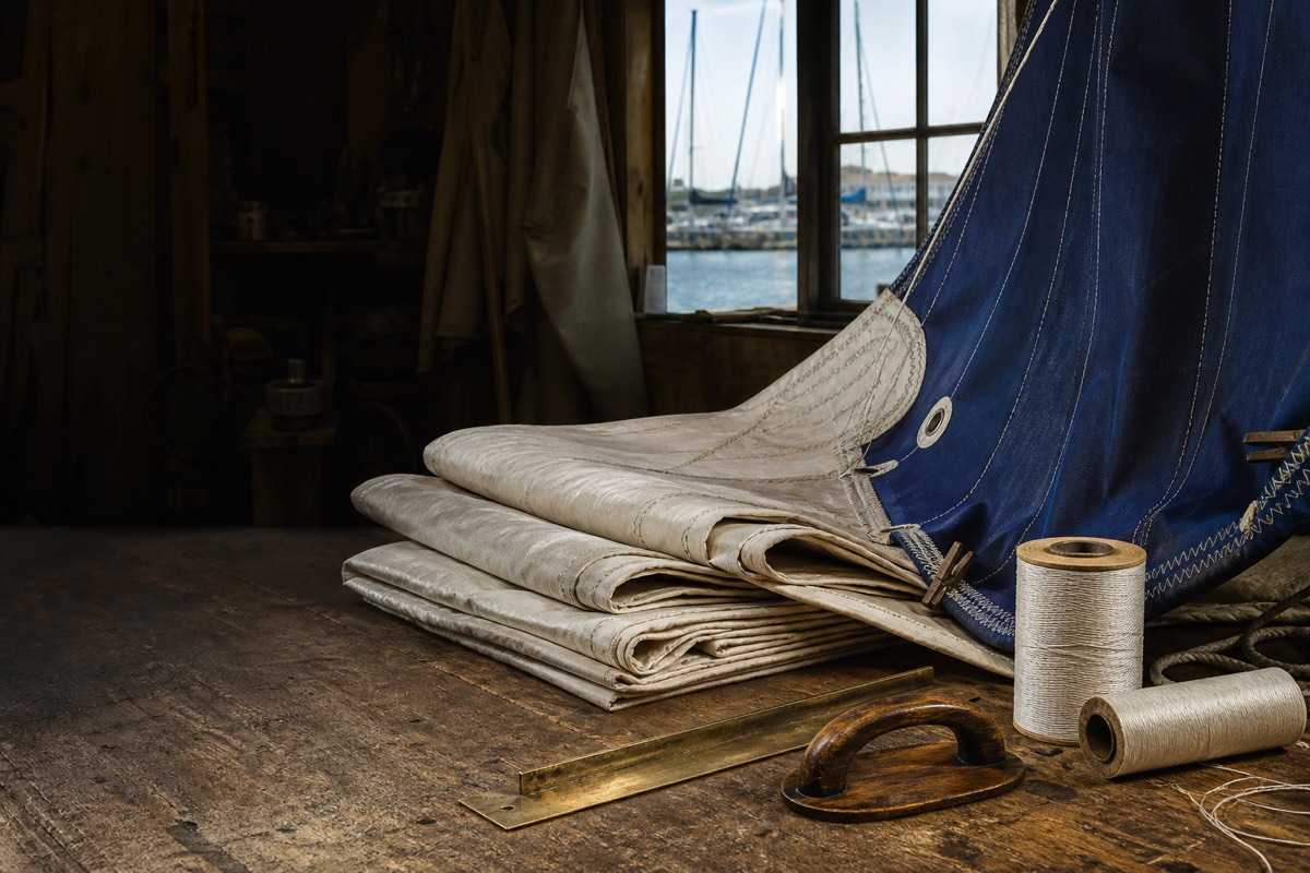 A loft bench with folded sailcloth, a brass rule and a threaded needle